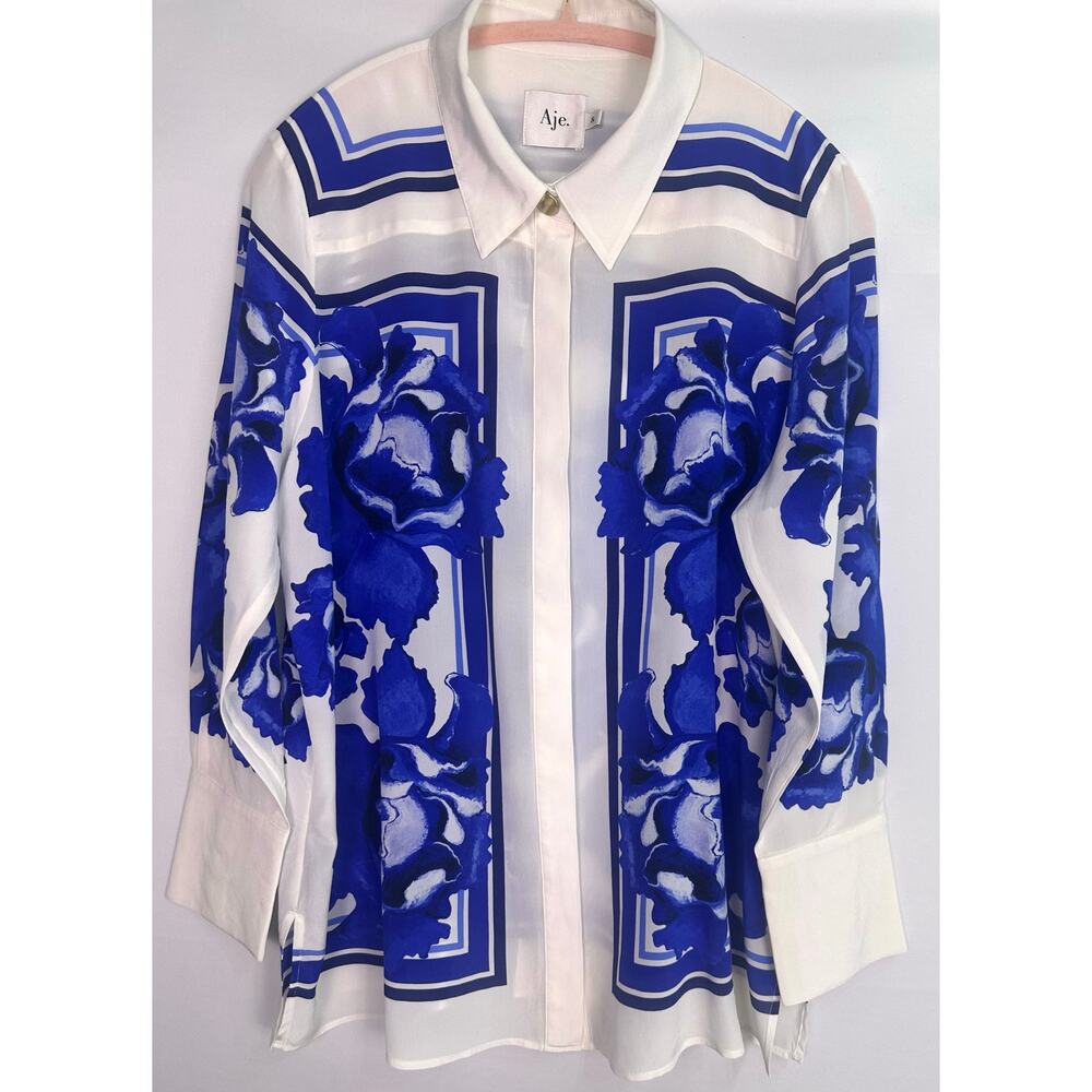 NWOT Aje Atomic 100% Silk Shirt Boldly Blooming Cobalt Floral Blouse Size 8 - Picture 2 of 15